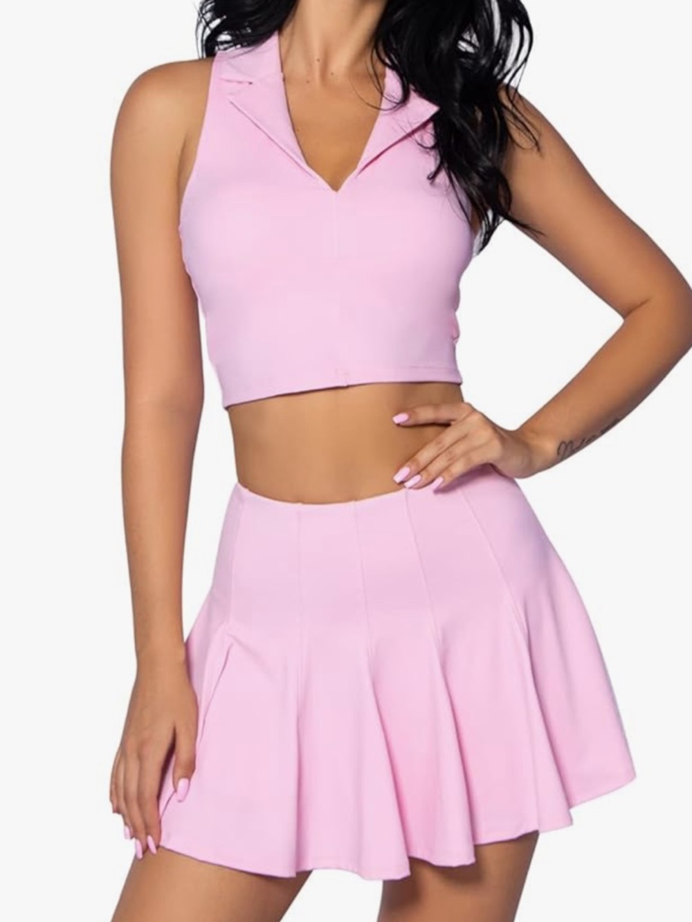Pink Two-Piece Cropped Polo Top and Flared Skirt with Shorts Underneath